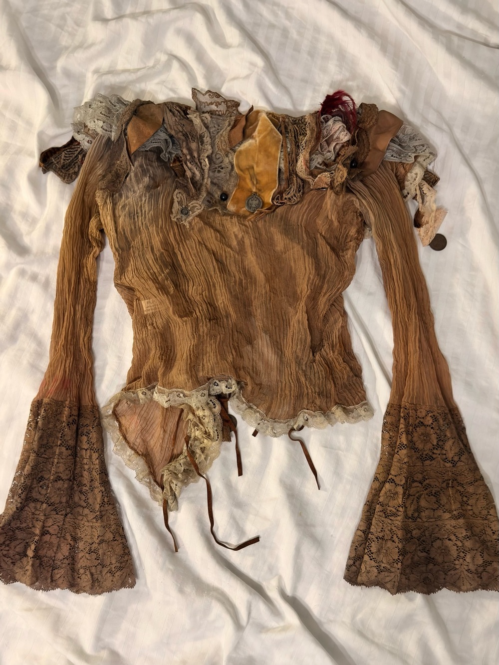 Insane Brown Scoop Neck Top with Lace Sleeves and Ruffles and Feather Accents - Picture 6 of 13